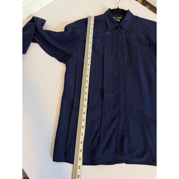 Pierre Cardin Women's 6 Embroidered Floral 100% Silk Pintuck Button Navy Blouse - Picture 4 of 7